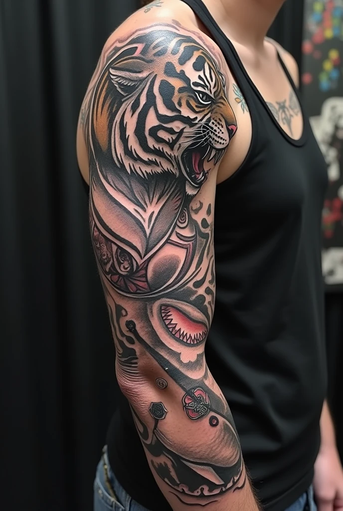 Full arm tattoo featuring a tiger, an eye, A shark and some cards. that is in black and white