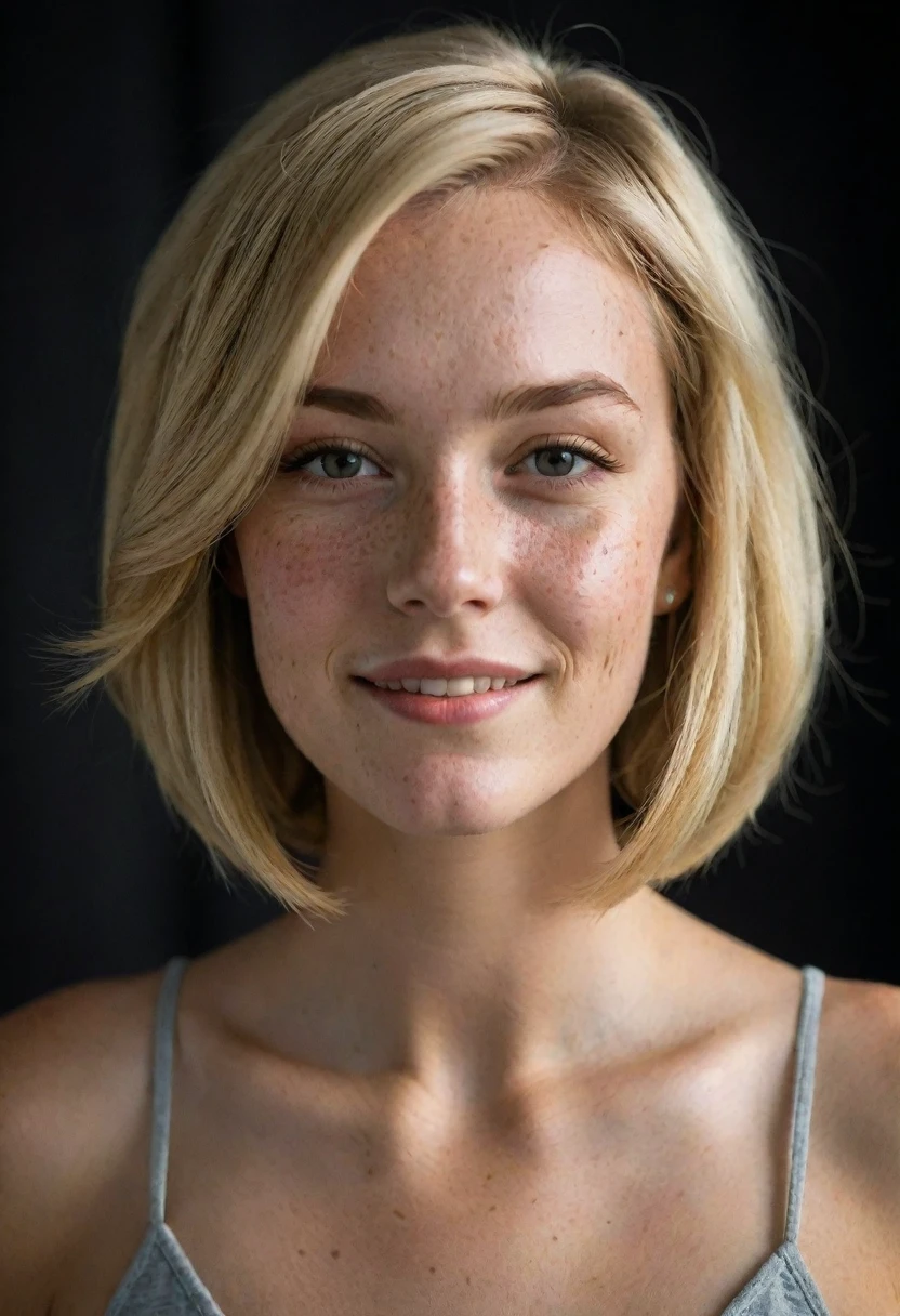 Woman, early 20’s , blonde bob hair cut , glad, happy, glare eyes, realisic skin, detailded, shadowing, few freckles on the face