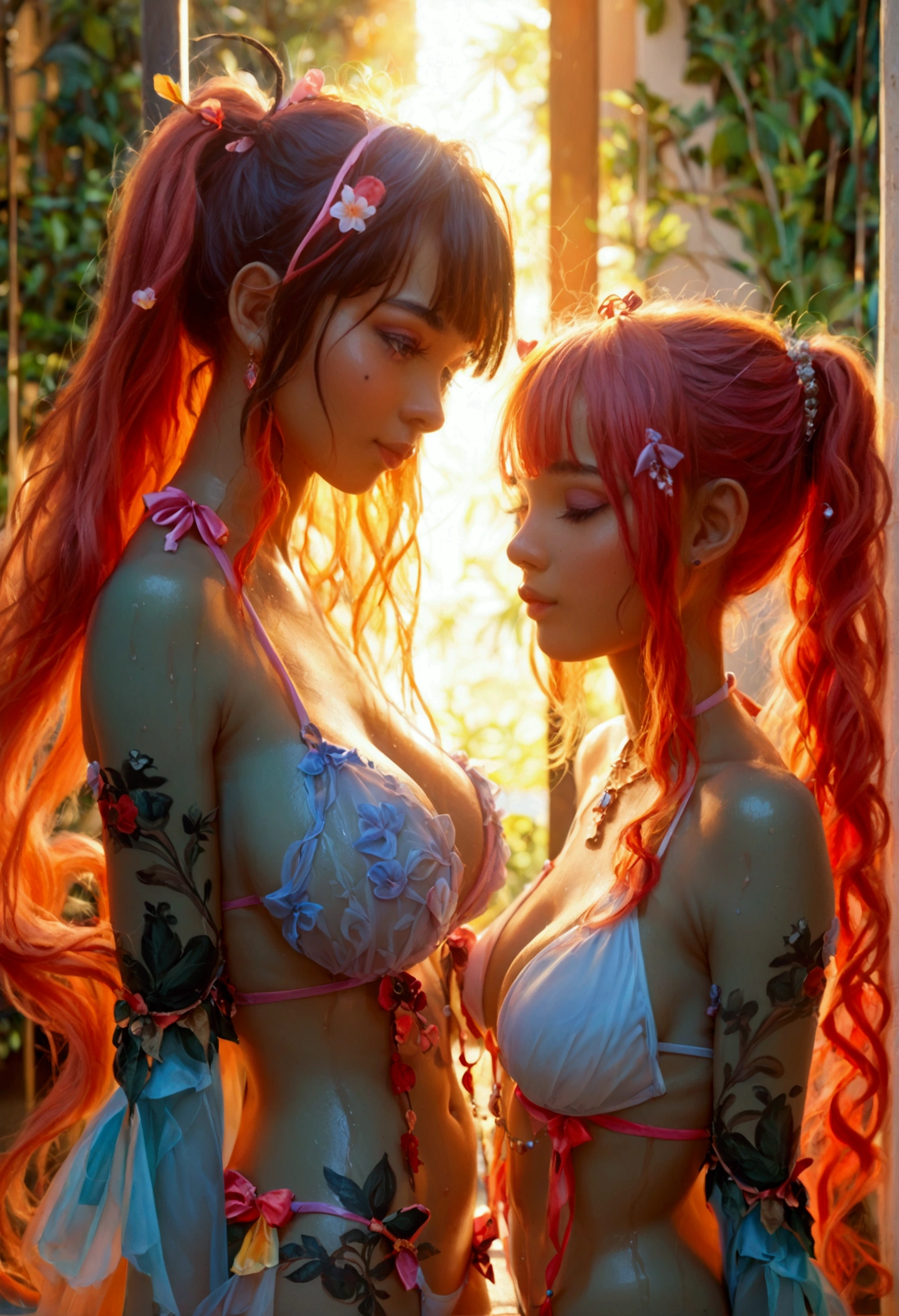 ((2 reggaetoneras s:1.5)),((minors, they are , even less are less than )),((happy ahegao expression)), ((hentai style reggaetoneras clothing:1.5)) ,(( bare breasts exposed)), ((very high red plaid tiny ultra short mini skirt)), ((thigh socks)),((standing together dancing reggaeton)), ((white shirt tied and unbuttoned)), ((hairs in pigtails and side ponytail, wavy)),((pink heart shapes)),((juicy and sagging breasts hentai style:1.5)), (detailed light-peach-colored skin), heavy breasts, small areolas, big thighs, (symmetrical cute detailed realistic face:1.2), (cute intense detailed realistic eyes:1.2), cute human nose, (highly-detailed cute lipouth), eyelashes, eyeliner, 4k, High detail RAW color Photo, hyperrealistic, highly detailed, hasselblad, gigapixel, on focus, cinematic lighting, (erotic), narrow shoulders, (sexy(fit) physique, cute proportional woman), (perfect anatomy), masterpiece, highest quality, cum, kiss with cum, yuri, afre sex