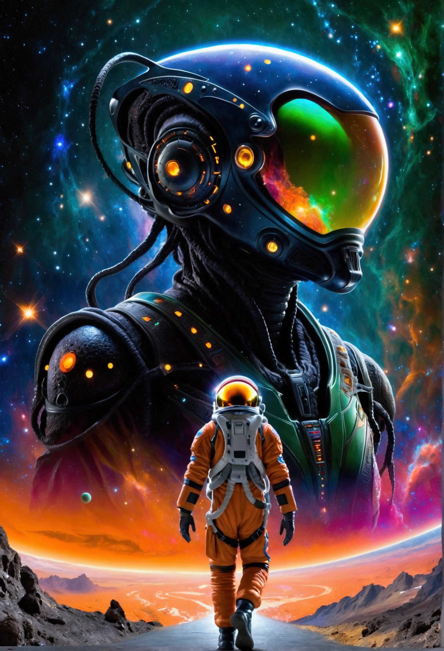 An alien wearing the most advanced technology of alien spaceship in the dark universe, a unique alien alien, dressed in an orange-studded, high-tech spacesuit, is depicted wandering in a vibrantly hued space environment. A profusion of colors from red to blue, and green to violet, embody the cosmic spectacle around the space traveler. An ethereal mix of hues is noticed as a gigantic supernova bursts, unleashing colossal energy in the background. This sublime celestial event with incandescent filaments and pulsating radiances illuminates the wonders of the infinite universe, casting a spectacular light across the panorama. This mesmerizing view celebrates the awe-inspiring beauty and mystery of space.
