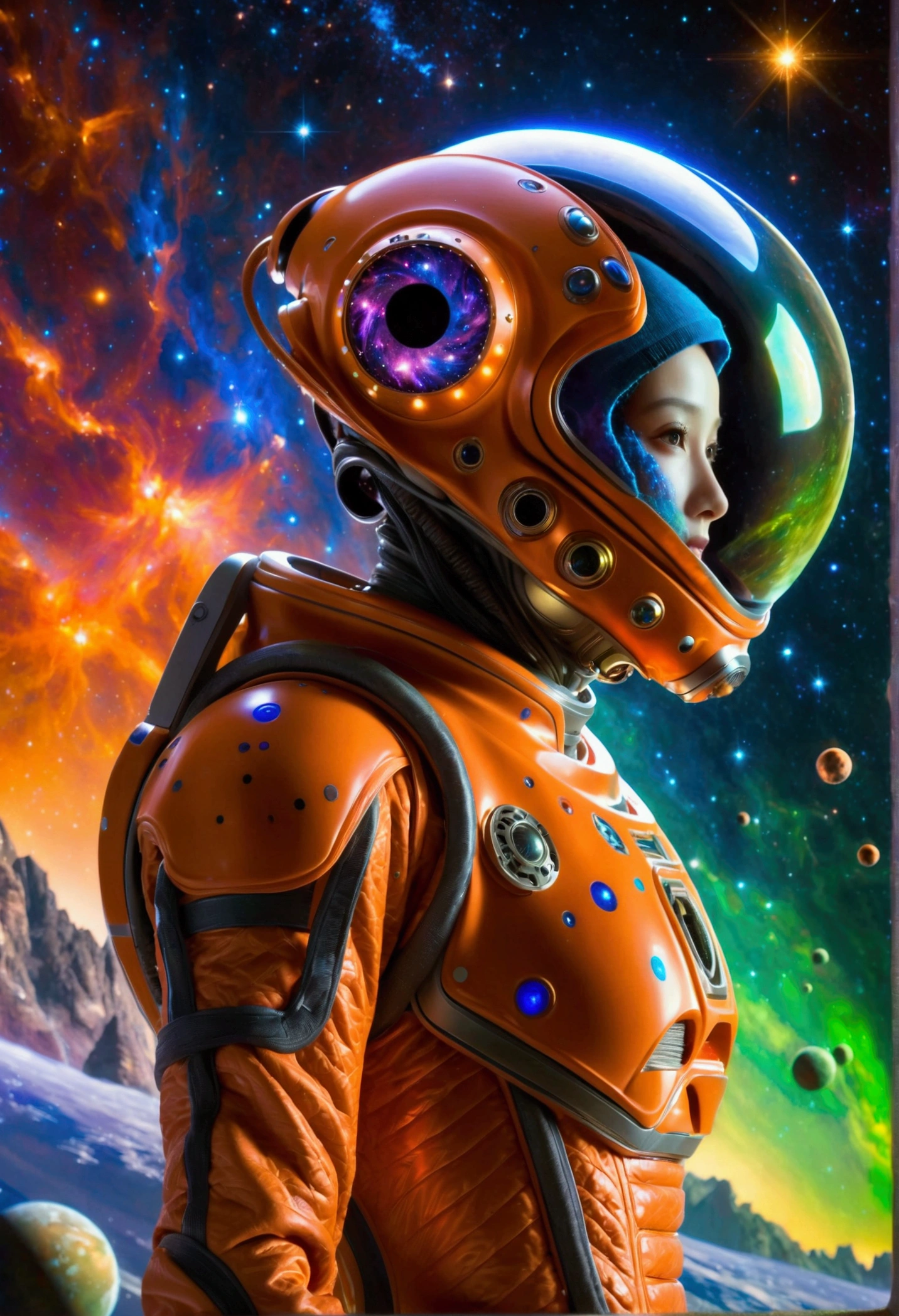 An alien wearing the most advanced technology of alien spaceship in the dark universe, a unique alien alien, dressed in an orange-studded, high-tech spacesuit, is depicted wandering in a vibrantly hued space environment. A profusion of colors from red to blue, and green to violet, embody the cosmic spectacle around the space traveler. An ethereal mix of hues is noticed as a gigantic supernova bursts, unleashing colossal energy in the background. This sublime celestial event with incandescent filaments and pulsating radiances illuminates the wonders of the infinite universe, casting a spectacular light across the panorama. This mesmerizing view celebrates the awe-inspiring beauty and mystery of space.