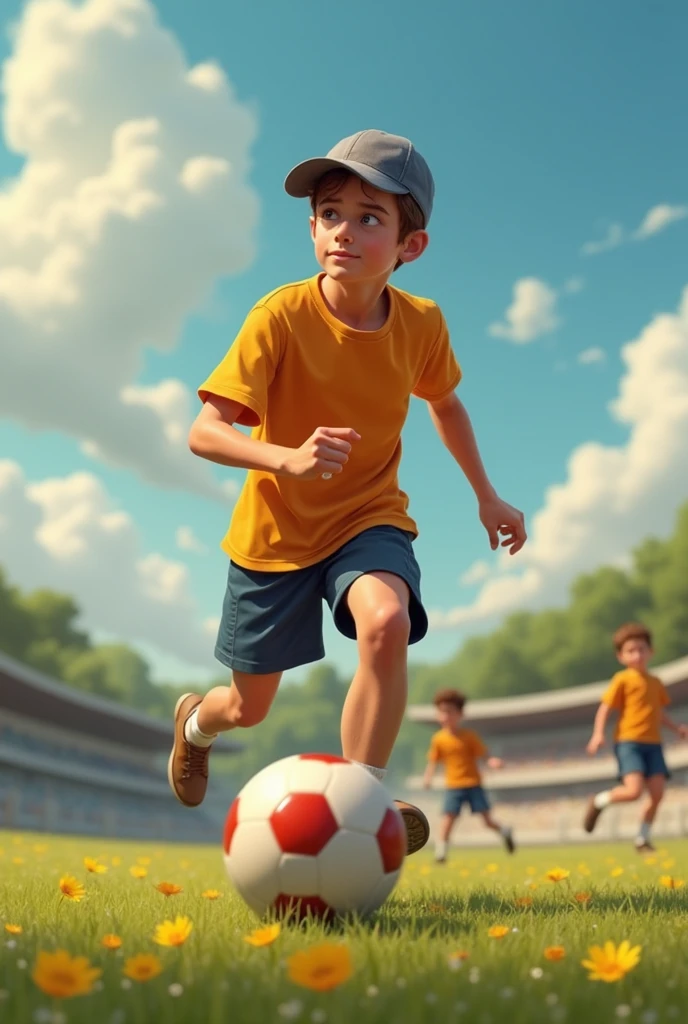 A boy warring a t shirt and cap in his head playing football
