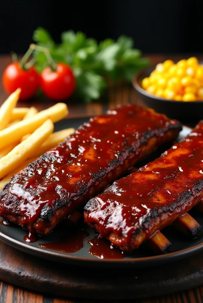 Generates an image of two delicious grilled ribs with BBQ sauce, large and tasty accompanied by French fries and a small plate of salad with 2 cherry tomatoes, small yellow corn and grated carrot.
The background should be black and the colors warm