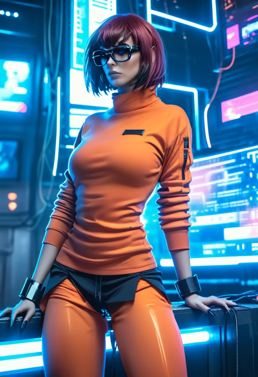 Techwear fashion in artgerm style, cyberpunk style, 1womanl, velma, cyber punk clothing, female focus, citys,cyber punk background, standing alone, whole body, wires and cables, . futurist, cyber punk, Urban, tactical, lustrous, tenebrosa, highy detailed  