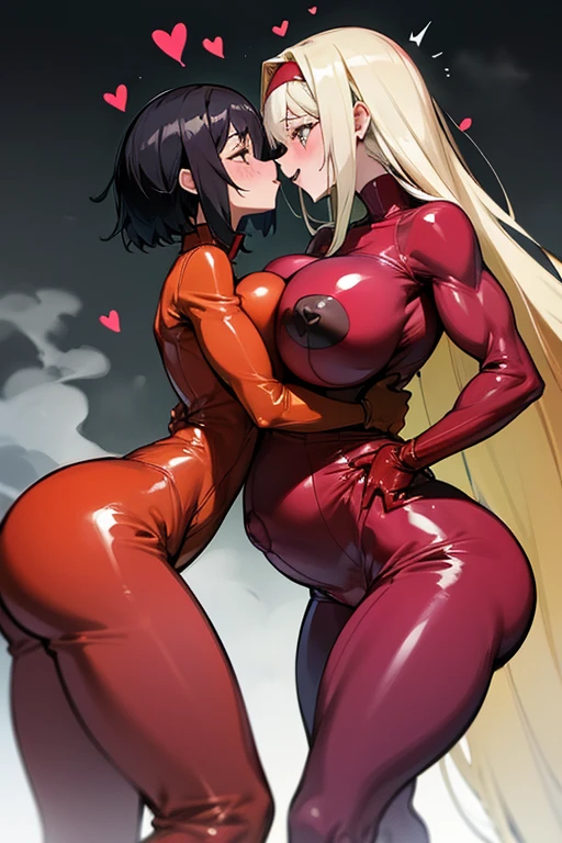 software, (Beautiful red latex pants, Yellow latex jumpsuit with top,Black Stripe),Red Gloves,(Big Breasts, Beautiful breasts, Very large breasts,nipple), Tall,A giant body of about 3 meters,More macho,Very muscular,Hard muscles,Muscular arms,Firm breasts,Huge Ass,Tight waist, Curvaceous figure,Very large pregnant belly ,Ahegao, Hollow Eyes,saliva, Drooling a lot,Very bright smile,Keep your mouth wide open,Sweating profusely, trembling, Large amount of steam,Steam from the sides,shortness of breath,Flashy villain makeup,Eyes are hearts,Blushing,The tongue is very long,Best quality,Two girls hugging each other,Deep Kiss,Pink Bob Hair,Headband