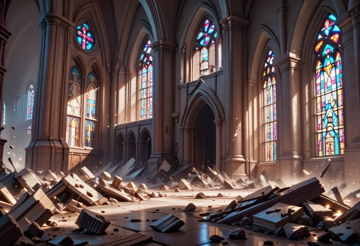 church, destroyed church, debris, dark, darkness, masterpiece quality, ultra HD, 4K, best quality