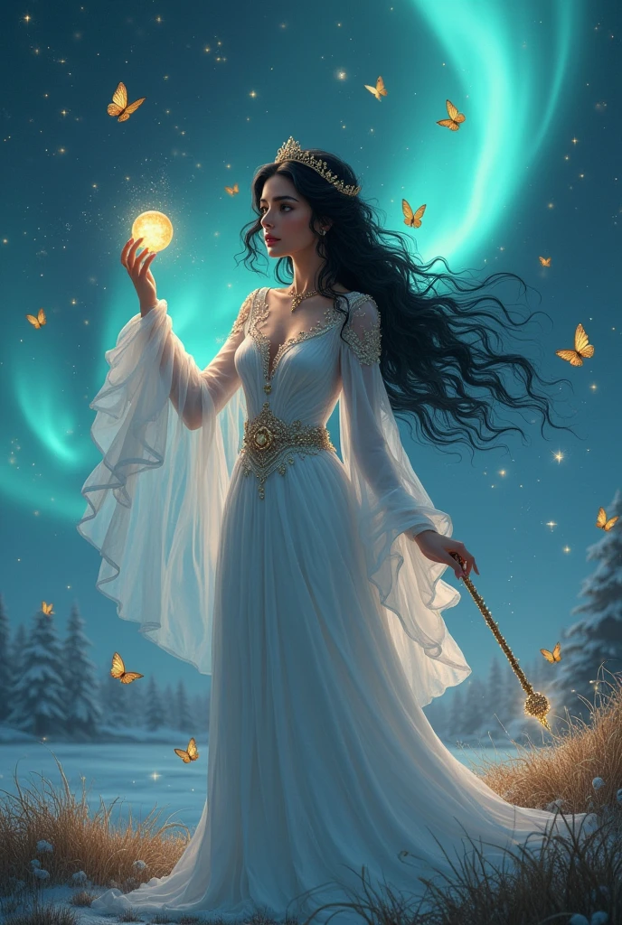 At night beautiful princess has black hair with magic spells, and she wearing beautiful white witch outfit. standing amidst the northern lights, surrounded by golden butterflies, she held a magic wand in one hand, a magic crystal ball in the other, Her appearance has a mysterious charm.