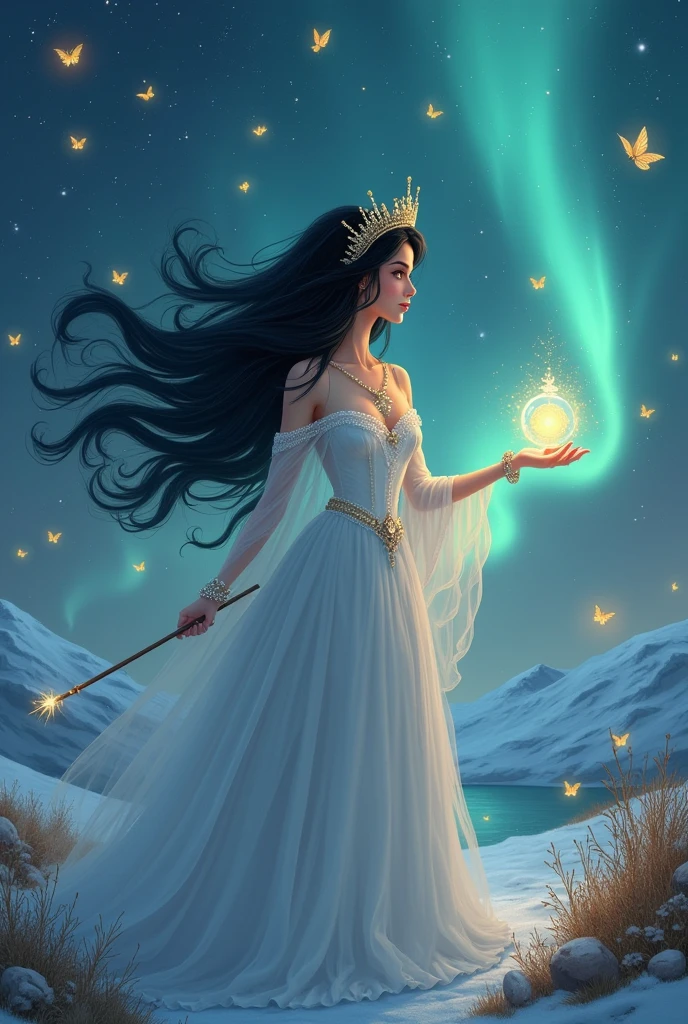 At night beautiful princess has black hair with magic spells, and she wearing beautiful white witch outfit. standing amidst the northern lights, surrounded by golden butterflies, she held a magic wand in one hand, a magic crystal ball in the other, Her appearance has a mysterious charm.