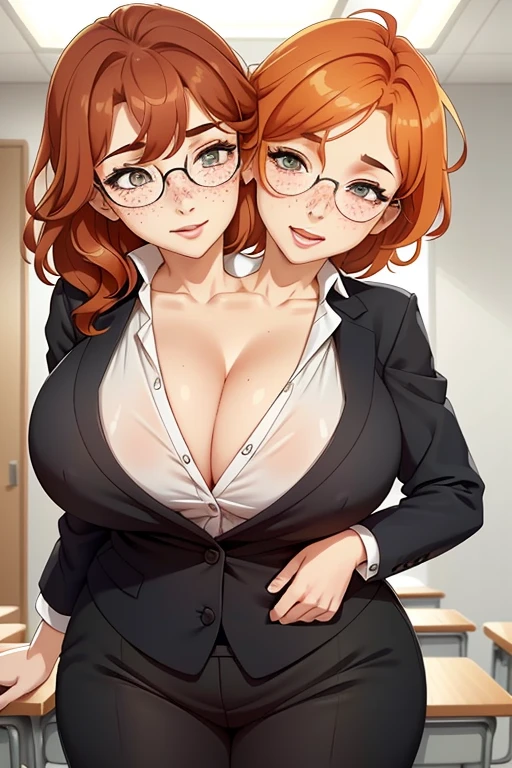 2heads, a tall chubby woman with 2 heads. She is wearing unbuttoned business attire, bra underneath. Deep cleavage. She is in a classroom. Teacher. She looks motherly, caring. Large circular glasses. She is smiling wide. She has messy orange hair in a bun. Ginger, pale skin, many freckles all over body. She is very tall. She looks mature. Blushing, aroused. Unbuttoned shirt with bra underneath. Extreme freckles. Giant hard nipples. Kiss, kissing, making out, side kiss.