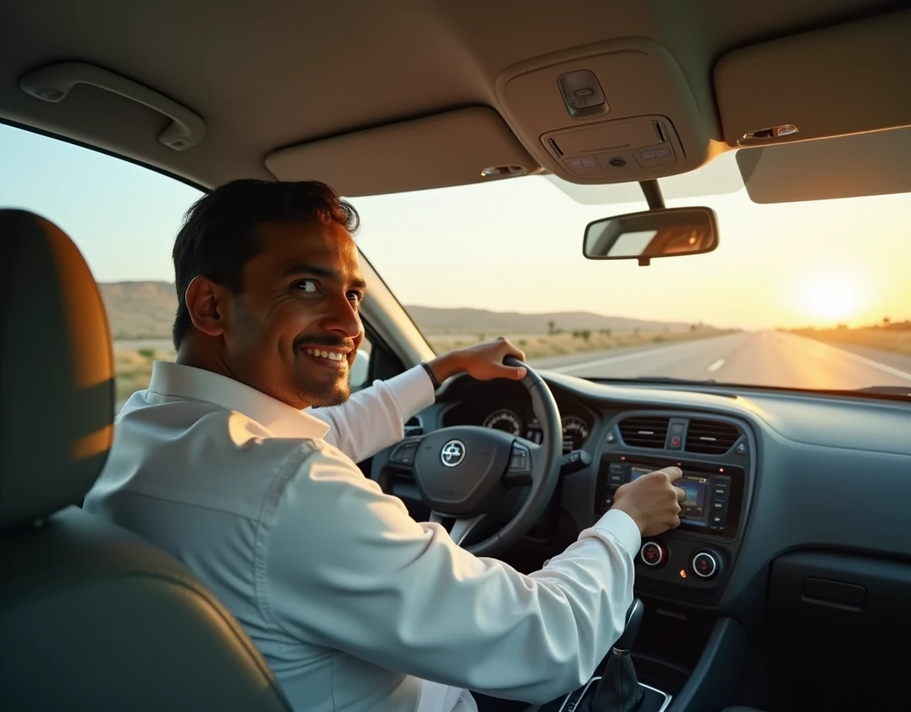 a Bangladeshi driver driving a car on a Saudi road and smiling. car owner sitting in the back.
