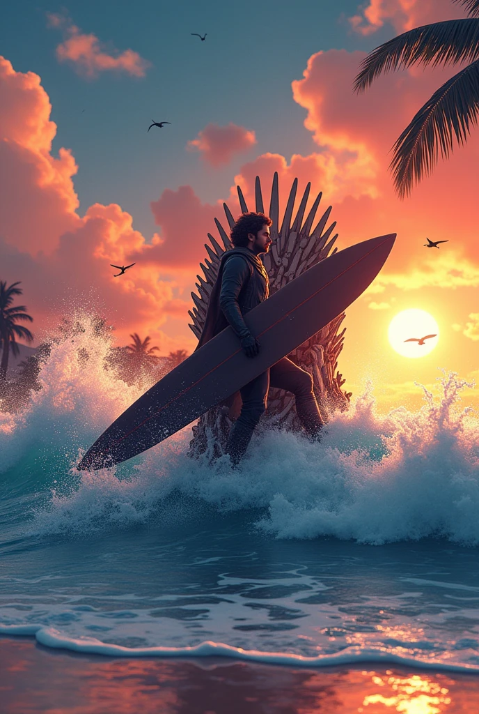 Jon Snow surfa em uma onda gigante, with a longboard in the shape of the Iron Throne. anime styling, tropical beach scenery, sunset. 4K
