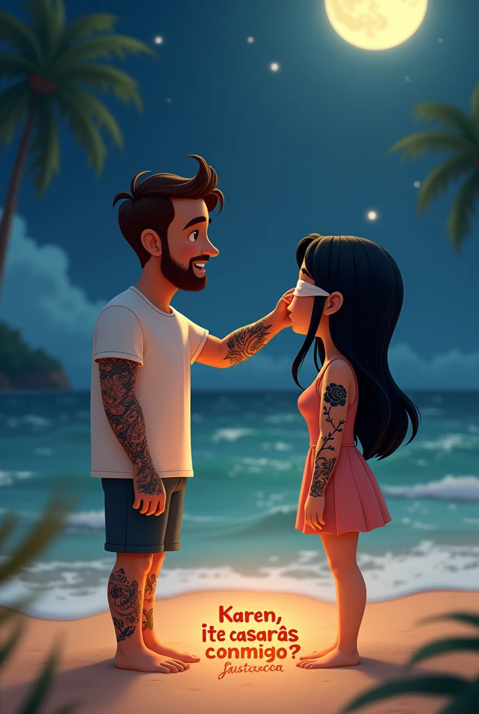 A cartoon-like image from Pixar with a couple on the beach at night, The man has a beard and short brown hair., wear white short sleeve shirt ,He has a tattoo of a phoenix all along his arm., She has long black hair and wears a short dress and has a tattoo of a black rose along her arm, The man is removing a blindfold from her eyes, In the sand is written the phrase Karen will you marry me? ,The word must be written as is in Spanish