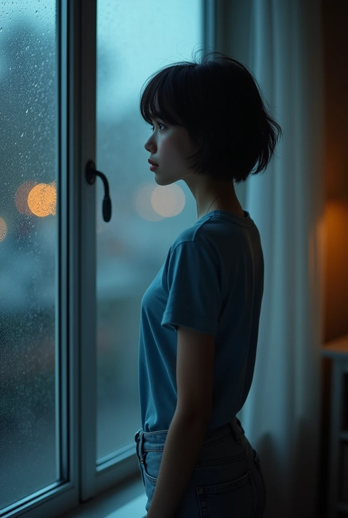 far view full standing behind view but she look at the window cute girl sad face but smiling. she short black hair beauty of her. at rainy day in night. many bokeh light and front her is blur light. the image show full view that girl body show his head an legs and shoes at the bedroom, with soft light. she wearing long jeans. wearing t shirt blue. view his butt