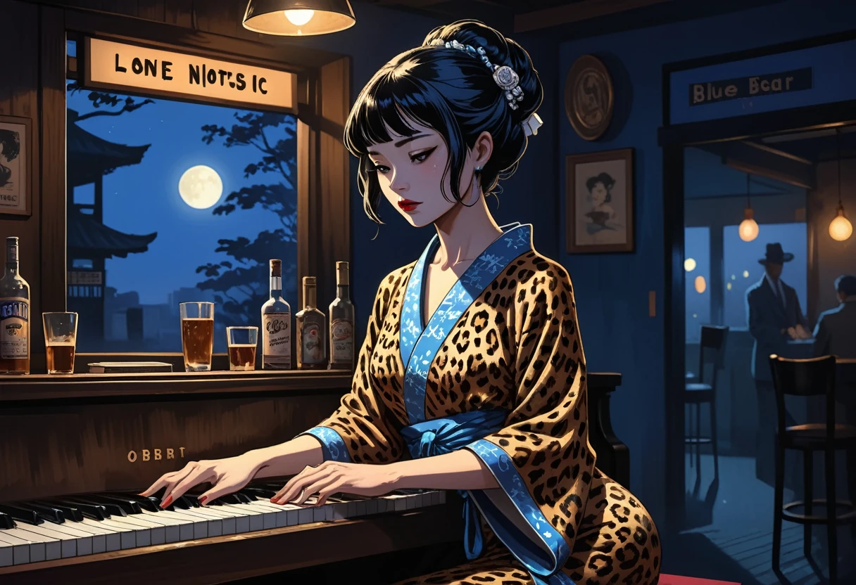 Taisho Romance obert johnson, gritty, alabama bar, blue note, charismatic , leopard skin dress, illustration, noir fantasy, lone lady, sad ending, japanese kimono woman pianist blues bluesmusic blues bar sad feeling dark moonlight usa america south blues bar