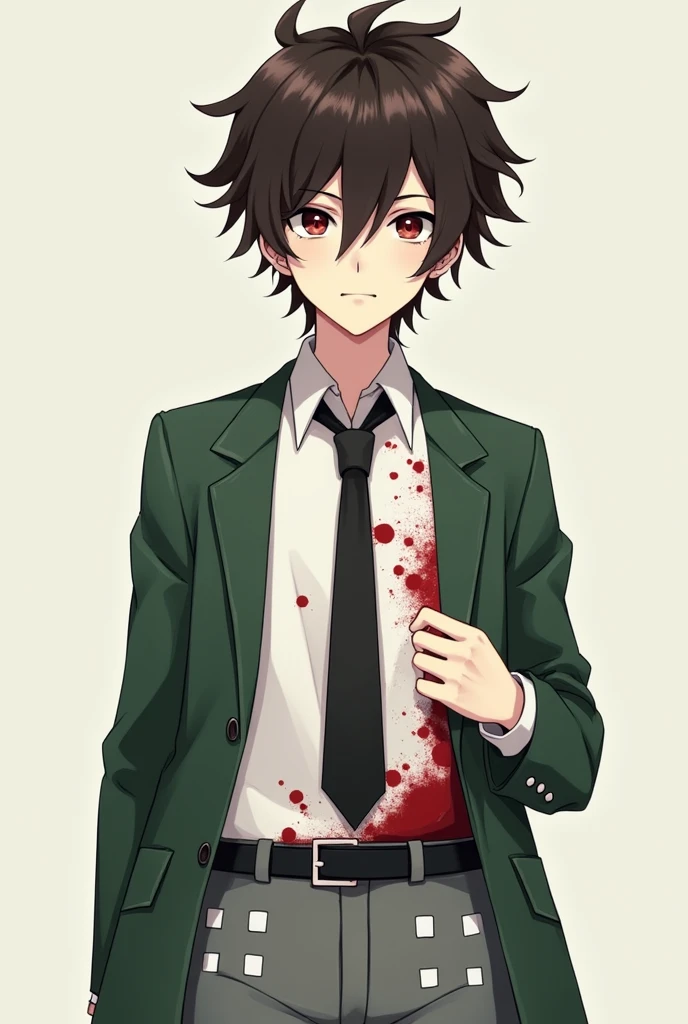A skinny anime boy with a green jacket without details, a white shirt with blood and a tie and a sexy face and dark brown hair and gray pants with white squares around them and hair on pause