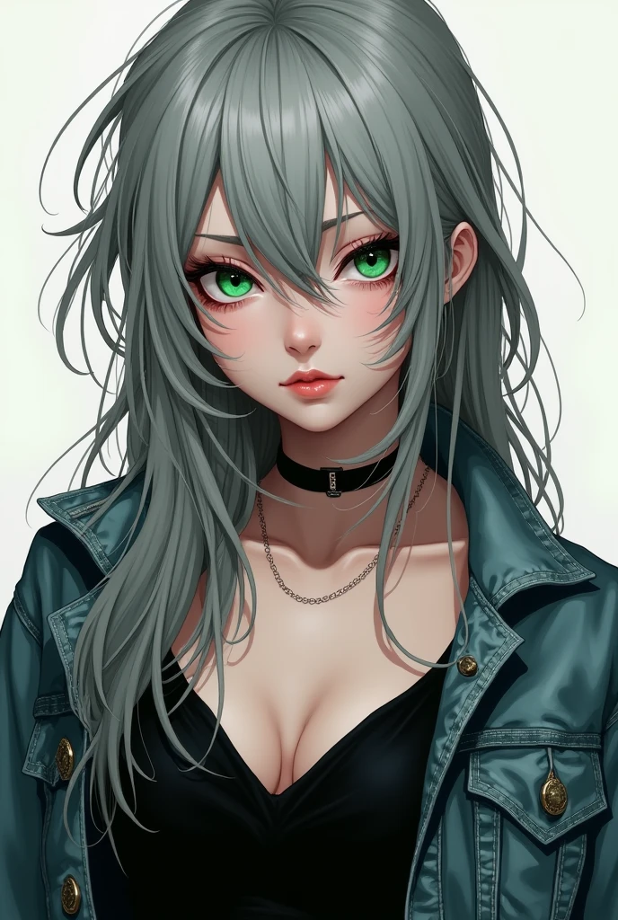 Young white-skinned rocker woman with long gray hair with bangs to the left and green eyes, with black dress and denim jacket