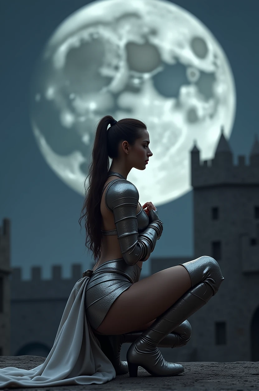 ((masterpiece, Top quality, high resolution, Highly detailed CG unified 8k wallpaper)), (Huge stunning goddess photo, Very hot and sexy, Jaw-dropping beauty, Perfect proportion, Beautiful Body, slim body beautiful:1.3),  Moonlight Confession, night，On the balcony of the old castle, 女皇One knee squat凝视着你, Female knight in medieval armor, One knee squat, I swear to you, A huge full moon in the background, Rear lighting, She put her hands on her chest，I swear to you骑士之誓, Silver armor gleams in the moonlight, Front view,