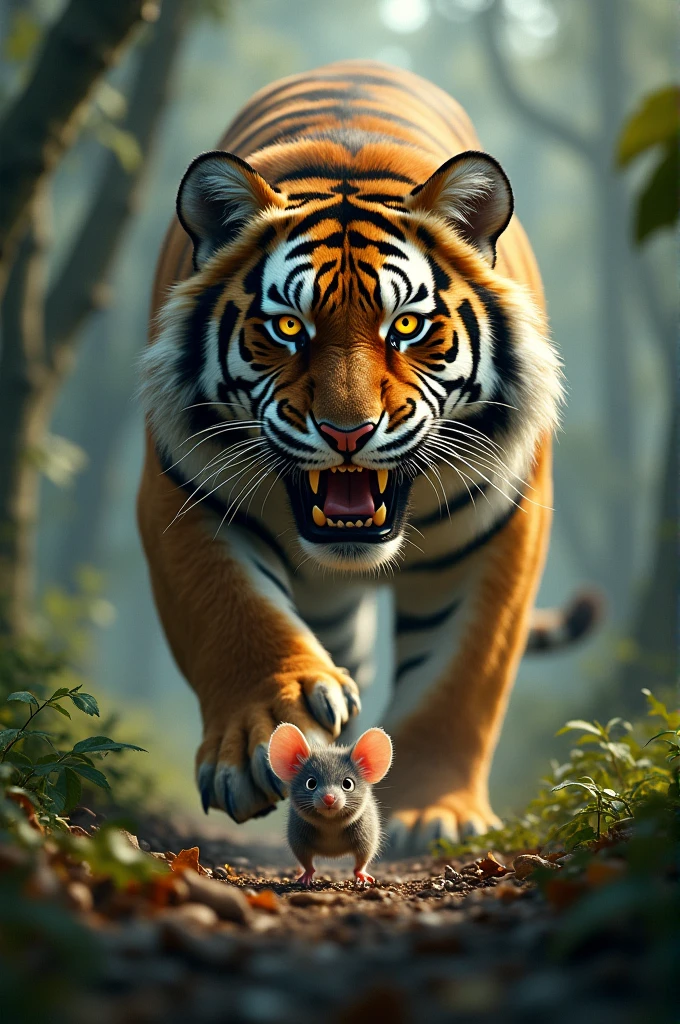 There was a big tiger chasing a mouse in the forest.