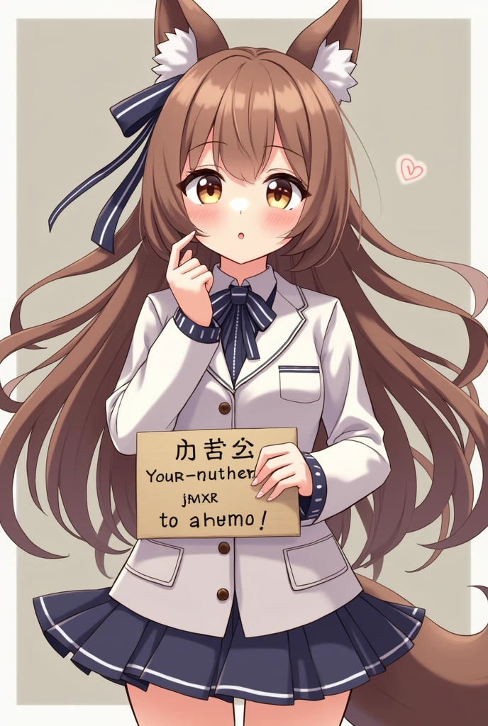 masterpiece、Highest quality、Detailed、Fantasy、A well-proportioned kemonomimi girl、in Japanese、(I want to be a human as soon as possible!)、A placard that read、