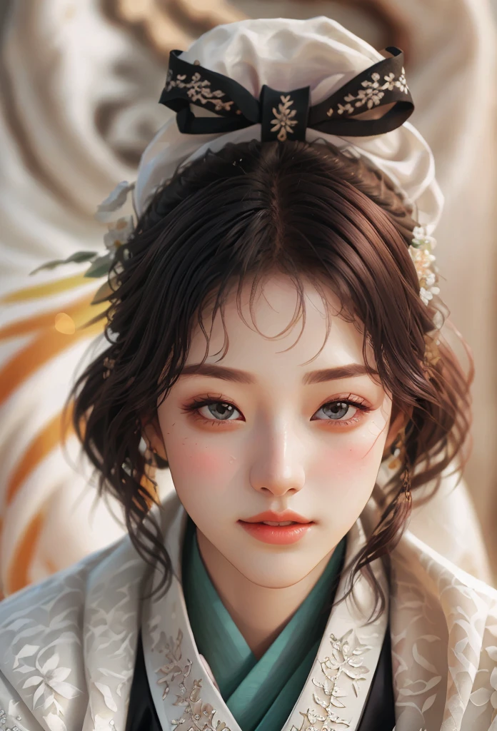1 woman, very detailed and intricate details, alone, beautiful orange summer hanbok, realistic style, (masterpiece, best quality, hyper-realistic: 1.2), very detailed, (hyper-realistic, realistic: 1.37), vivid colors, warm lighting, detailed facial features, porcelain skin, elegant pose, lush natural background