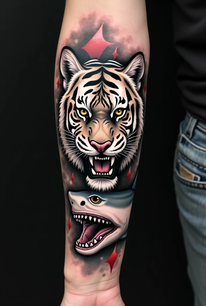 Forearm tattoo featuring a tiger, an eye, A shark and some cards. that is in black and white