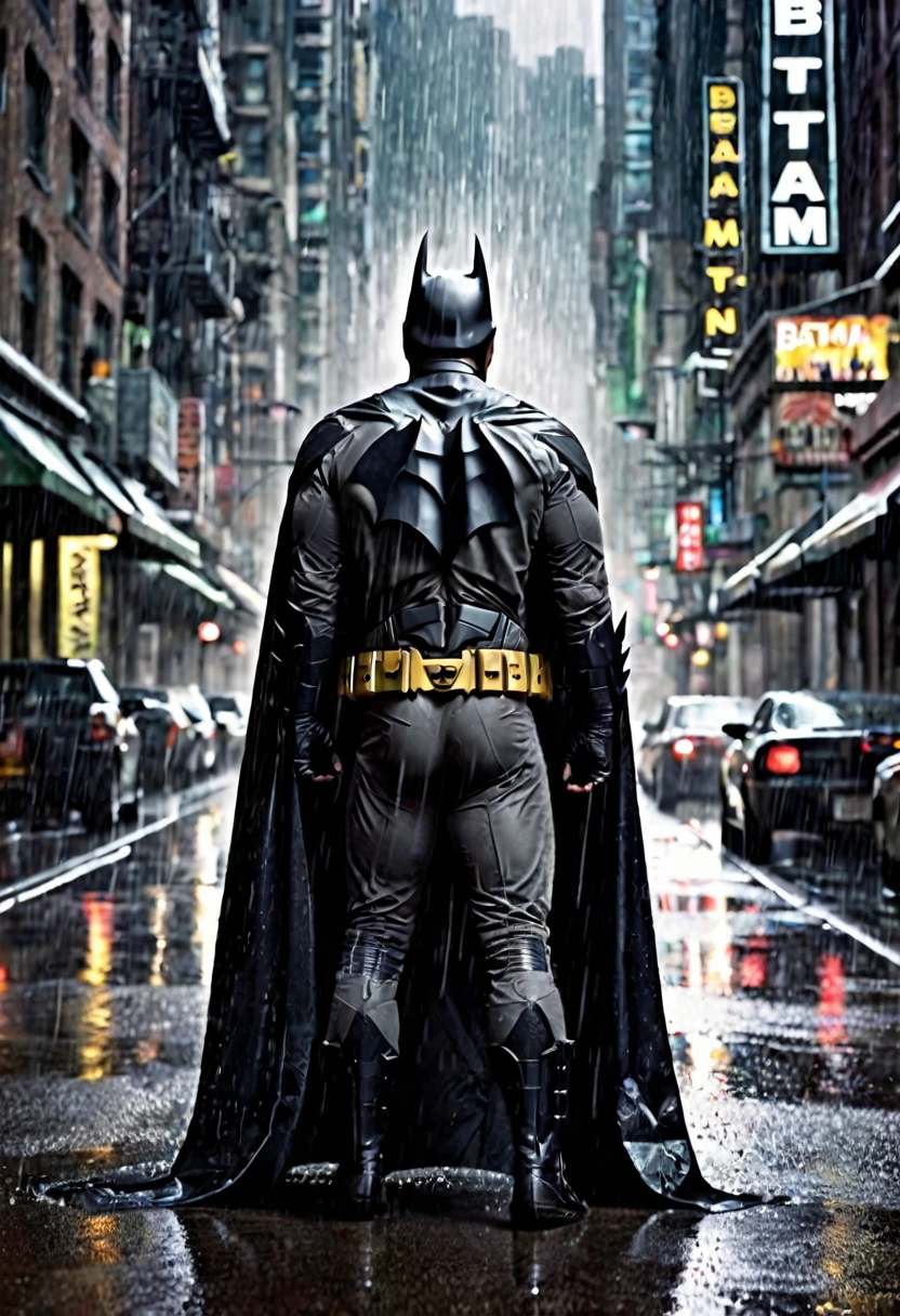 (Batman movie poster) Batman approaching the viewer on a rainy street, The caption in the center of the movie poster reads 'BATMAN', show all of him head to toe, grim, edgy
