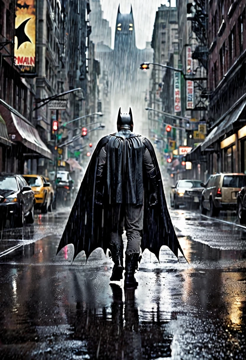 (Batman movie poster) Batman approaching the viewer on a rainy street, The caption in the center of the movie poster reads 'BATMAN', show all of him head to toe, grim, edgy