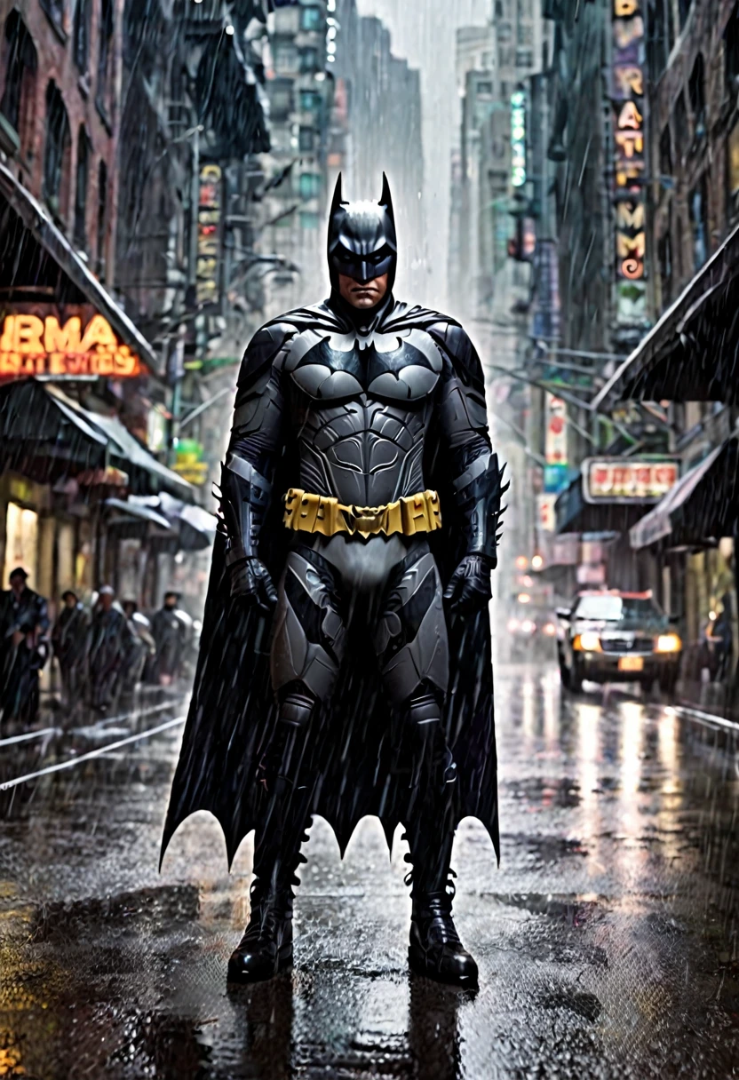 (Batman movie poster) Batman approaching the viewer on a rainy street, The caption in the center of the movie poster reads 'BATMAN', show all of him head to toe, grim, edgy
