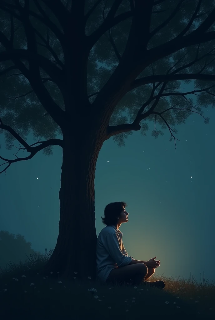 Make a photo, the description is, a Christian under a tree in the dark feeling hopfel and relaxed