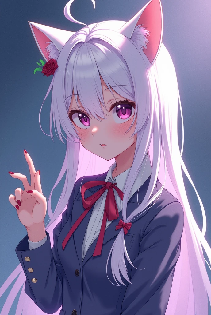 magic idol girl with cat ears, long white hair