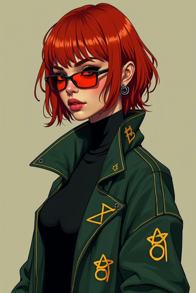 a female character in 2d cyberpunk style, A 28 year old woman, brunette skin, eyes on black color, serious eyebrows. her hair is a mullet cut in bright red color, wears a dark green open jacket with strange symbols scattered randomly, bright golden in color. wears a turtleneck blouse tucked into the jacket. a pair of red light protective glasses on the eyes. a small hoop earring in her right ear and has some scars on her face and neck