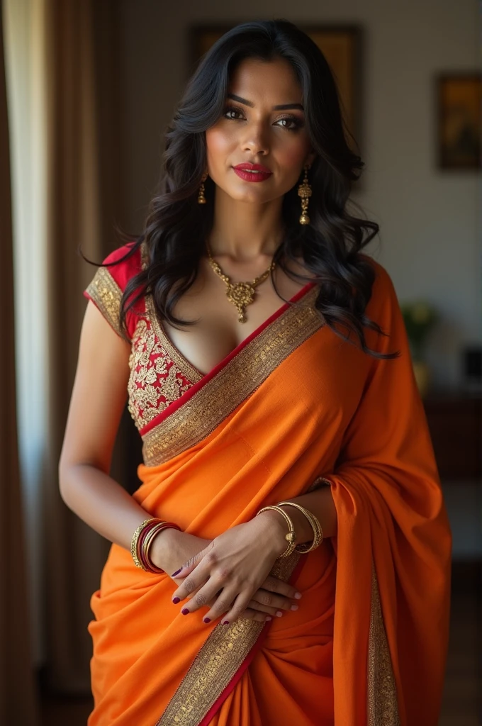 A sexy Indian wife with a huge boob and cleavage visible in saree