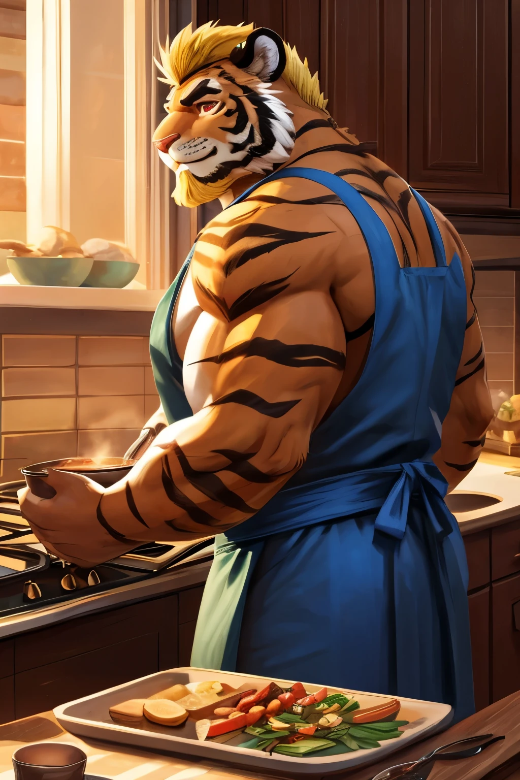 ((best quality)), ((masterpiece)), (detailed), 8k , perfect face, bara furry, tiger man 35 years old, big body , short quiff gold hair, gold beard , red eyes, perfect eyes, handsome, back side , looking at stove, kitchen , cooking , apron , soup