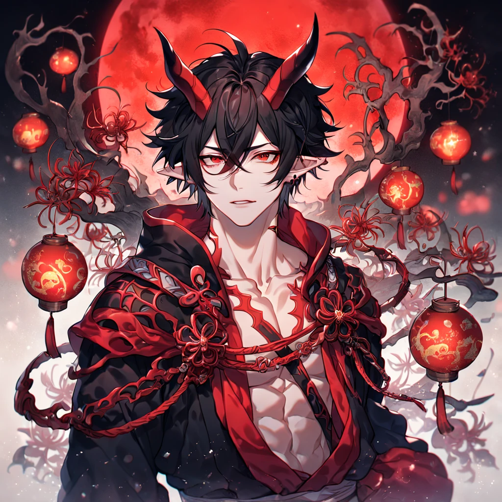 absurdres, highres, ultra detailed, HDR, master piece, best quality, extremely detailed face, delicated features, Xue Yu, untamed spiky hair, black hair, hair between the eyes, short hair,expressive red eyes, Thousand Years War, solo, sexy man, manly man, handsome, demon, horns, slightly poited ears, showing the chest, black haori, red fantasy robes, accessories, spider lilies patterns, red moon, red blood water, fantasy, magic, envy magical, red trees, forest, red dust, red lanterns, red fire, red floating round lights, Jujutsu Kaisen