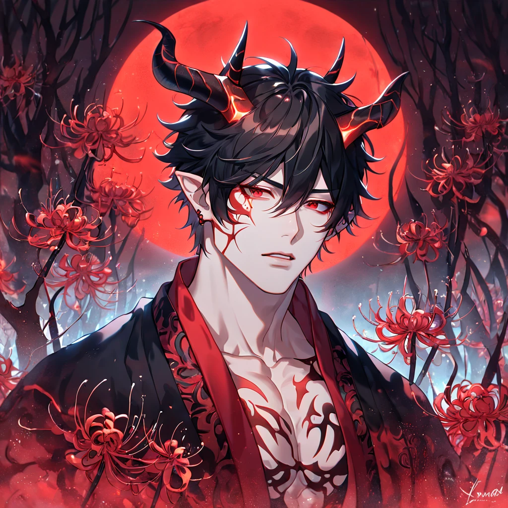 absurdres, highres, ultra detailed, HDR, master piece, best quality, extremely detailed face, delicated features, Xue Yu, untamed spiky hair, black hair, hair between the eyes, short hair,expressive red eyes, Thousand Years War, solo, sexy man, manly man, handsome, demon, horns, slightly poited ears, showing the chest, black haori, red fantasy robes, accessories, spider lilies patterns, red moon, red blood water, fantasy, magic, envy magical, red trees, forest, red dust, red lanterns, red fire, red floating round lights, Jujutsu Kaisen