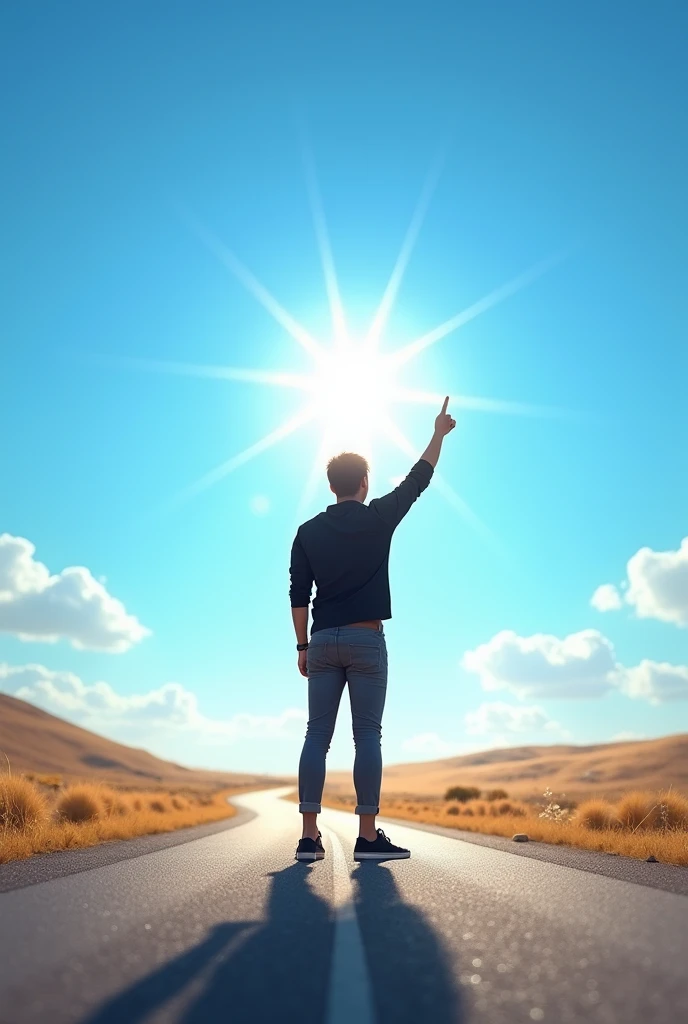 Make an image where the sky is clear and the sun shines again and a young man on a road with his back turned with a winning attitude with one arm pointing to the sky dressed in black and white 