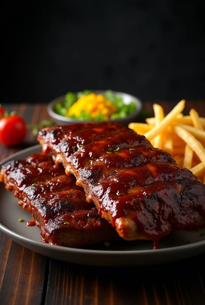 Generate an image of A GROUP OF YOUNG ADULT FRIENDS two delicious grilled ribs with BBQ sauce, large and tasty accompanied by French fries and a small plate of salad with 2 cherry tomatoes, small yellow corn and grated carrot. 
 The background should be black and the colors warm