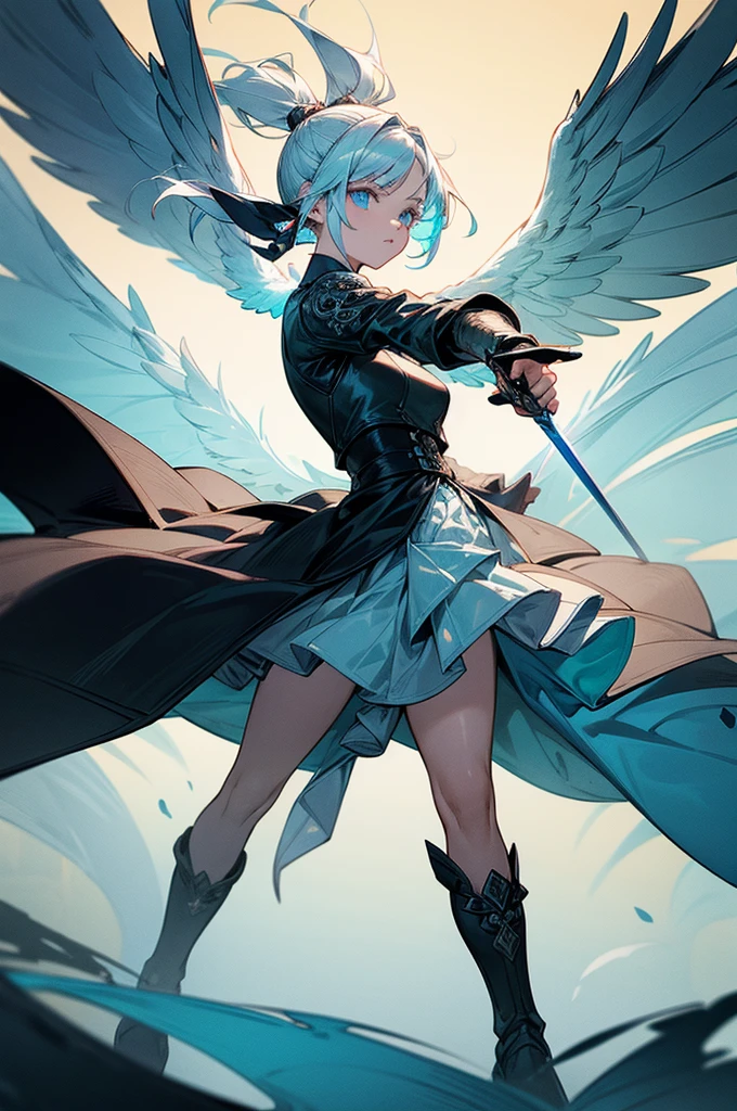 Create an image featuring a dynamic powerful female character with short ponytail silver hair and piercing blue eyes. She is wearing a detailed dark blue and black outfit with intricate white accents, including a high-collared trench coat, armored shoulder pads, and a fitted bodice with ornate patterns. Her outfit also includes a flowing skirt with layered fabric and thigh-high boots. The character is wielding a sword with a glowing tip, held confidently in her right hand. She stands in a powerful, poised stance with one foot slightly forward and her wings spread wide behind her. The aura are large and ethereal, resembling both feathers and leaves in shades of teal and blue, giving the impression of both fire and wind elements at play. The background is soft with light colors that complement the characterr's striking presence