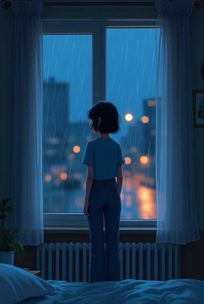 far view full standing behind view but she look at the window cute girl sad face but smiling. she short black hair beauty of her. at rainy day in night. many bokeh light and front her is blur light. the image show full view that girl body show his head an legs and shoes at the bedroom, with soft light. she wearing long jeans. wearing t shirt blue. view his butt from behind view