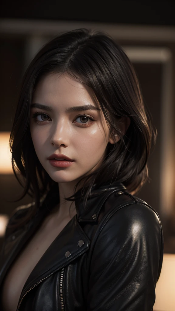 a beautiful woman wearing a leather jacket, detailed face, detailed eyes and lips, photorealistic, 8k, hyperrealistic, high quality, cinematic lighting, dramatic lighting, warm color palette, chiaroscuro lighting, moody atmosphere, fashion photography, editorial style, glamour portrait