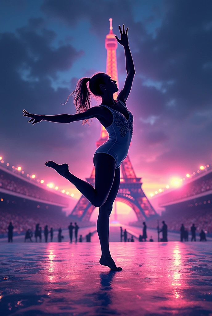 Text "Olympic Paris 2024" Gymnast in mid-artistic routine at the Olympics, silhouette against a brightly lit arena, made of iridescent plastic, in the style of James Jean and Moebius, highly detailed, clean lines, high resolution, focus on the graceful athlete. Eiffel Tower in background