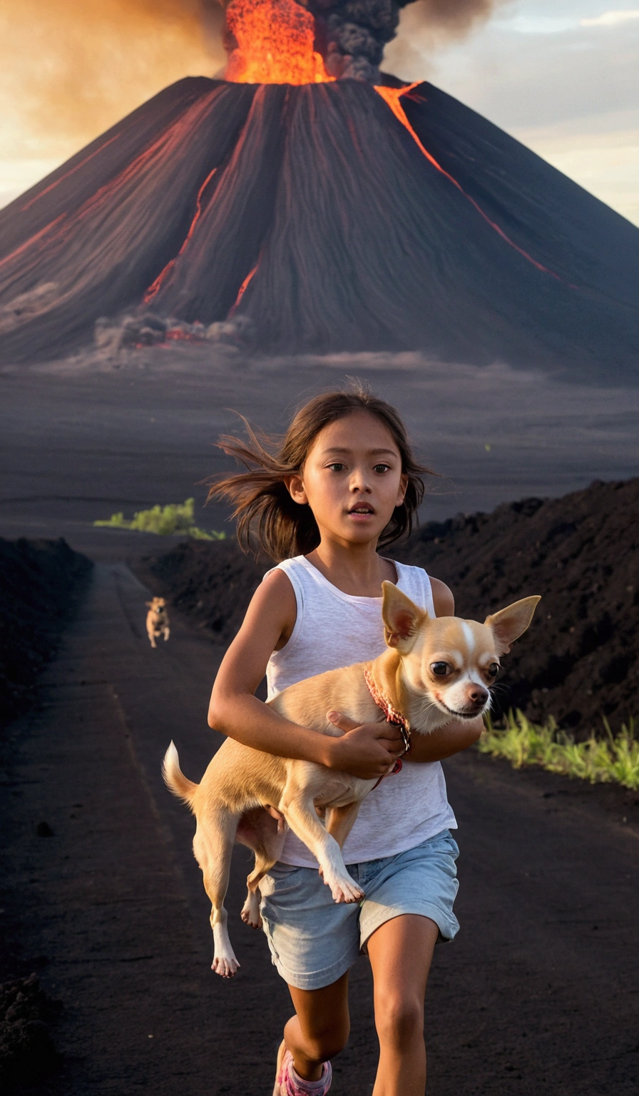 Girl carries Chihuahua as she runs away from volcano eruption