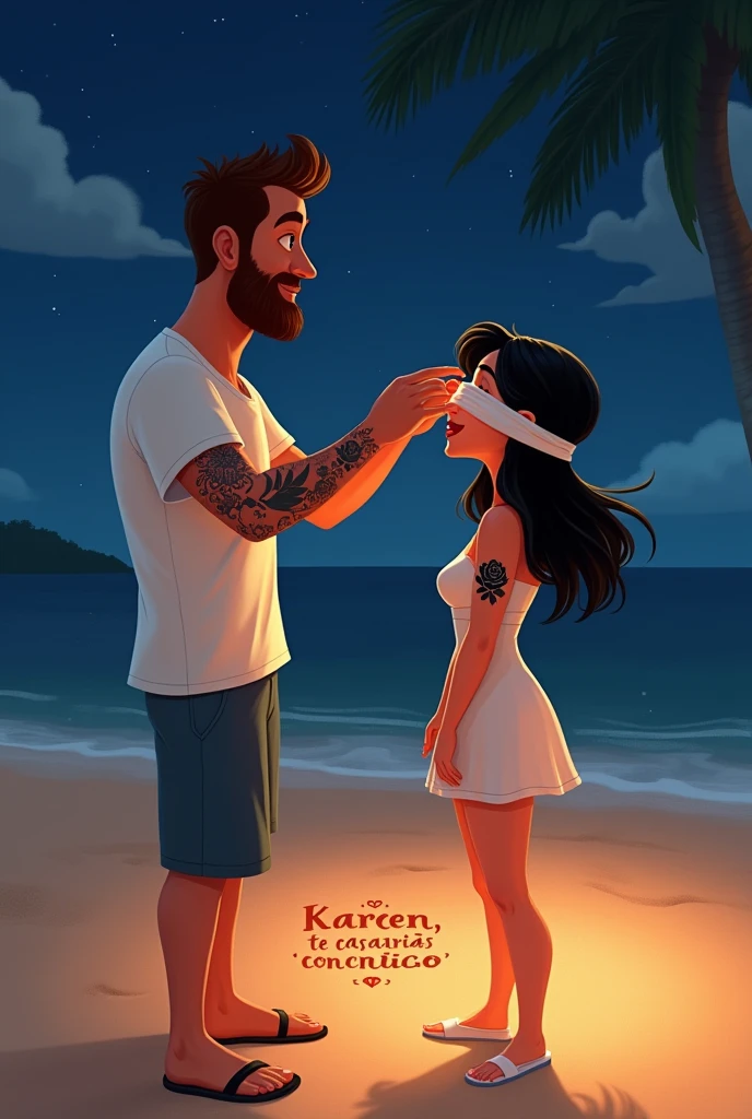 A cartoon-like image from Pixar with a couple on the beach at night, The man has a beard and short brown hair., wear white short sleeve shirt ,He has a tattoo of a phoenix all along his arm., She has long black hair and wears a short dress and has a tattoo of a black rose along her arm, The man is removing a blindfold from her eyes, In the sand is written the phrase Karen will you marry me? ,The word must be written as is in Spanish
