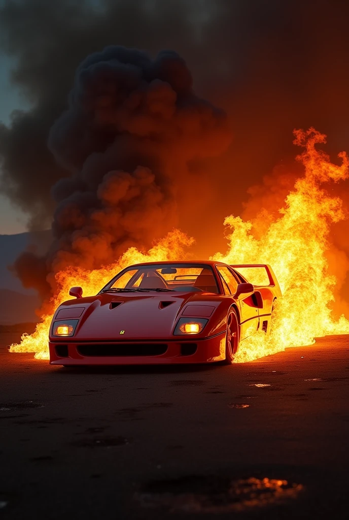 Ferrari f40 on fire with black smoke recreating a legendary photo