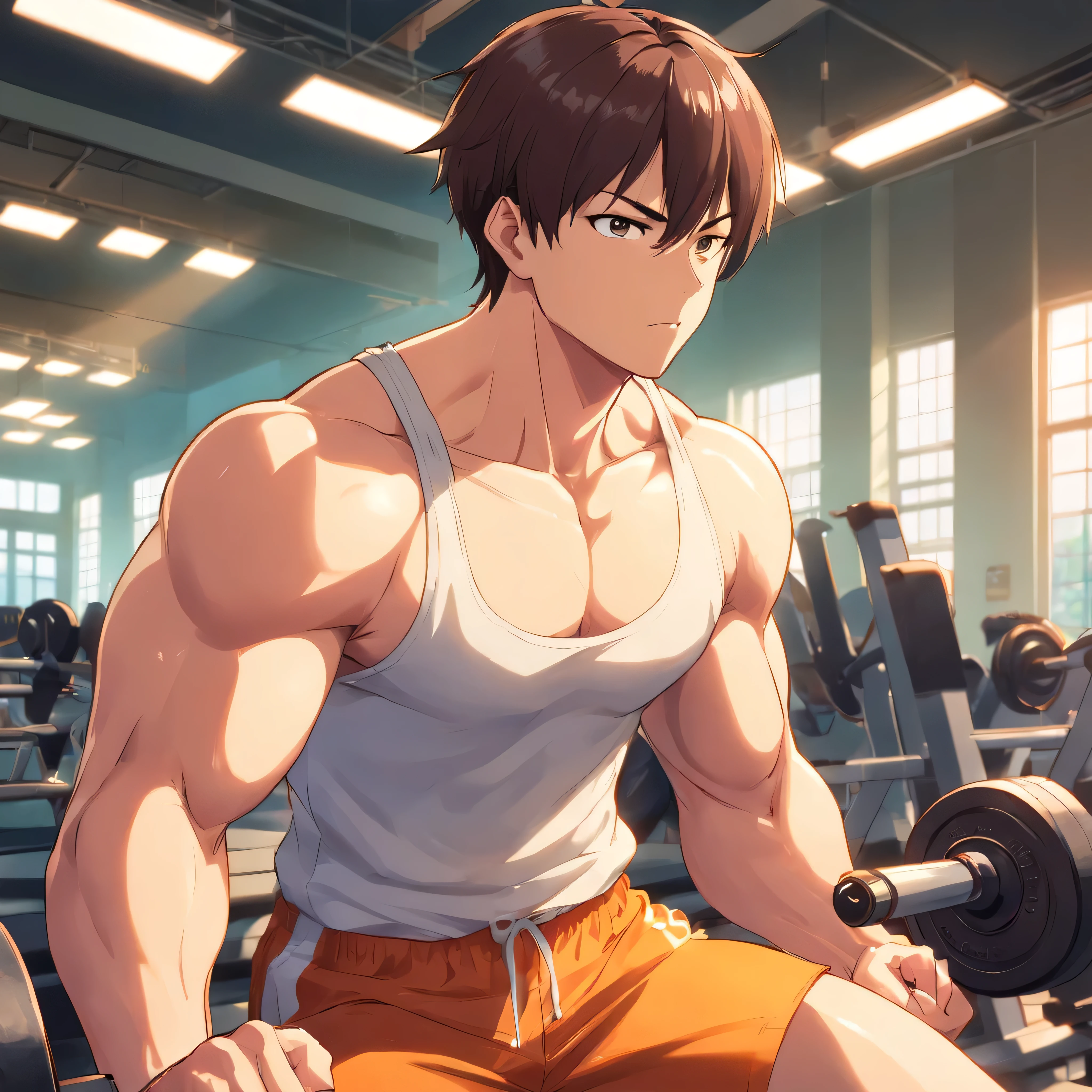 Saitama ((bald)), punch man, masculine, Exercising intensely in the gym, Well defined and detailed muscles,
