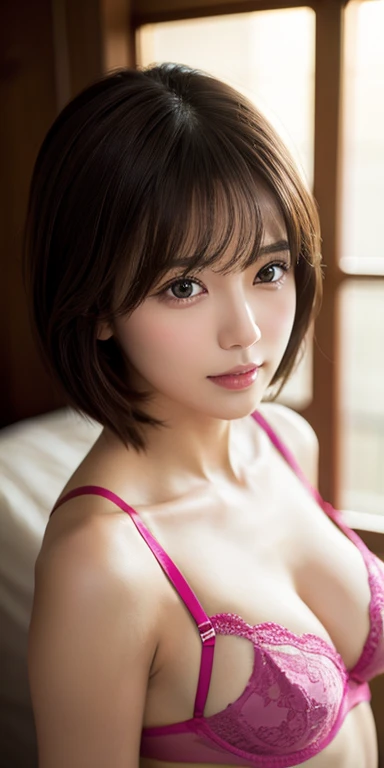 masterpiece、Highest quality、High resolution、wallpaper、Realistic、Bright lighting、Professional Lighting、Face Light、Smooth lighting、Japanese women、Adult female、Beautiful woman、actress、Modeled、so beautiful、Beautiful Skin、Beautiful and detailed、Detailed face、slim、Medium large breasts、short hair、Brunette Hair、Brown eyes、Soft impression、Gentle expression、Looking into the camera、Colorful lingerie、whole body