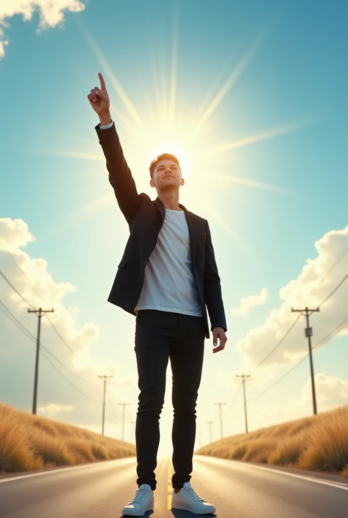 Make an image where the sky is clear and the sun shines again and a young man on a road with his back turned with a winning attitude with one arm pointing to the sky dressed in black and white