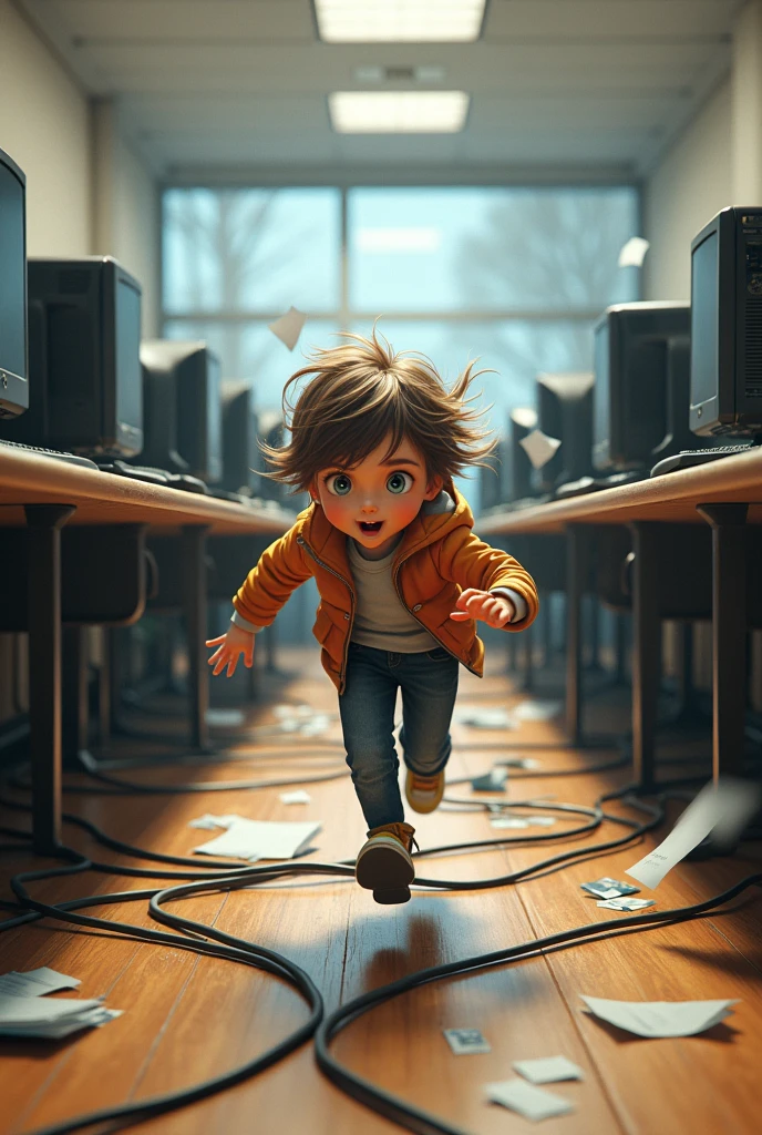 will you be able to create an image of a child running in a computer lab who trips over cables and falls
