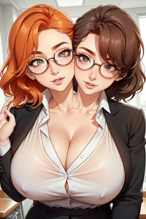 2heads, a tall chubby woman with 2 heads. She is wearing unbuttoned business attire, bra underneath. Deep cleavage. She is in a classroom. Teacher. She looks motherly, caring. Large circular glasses. She is smiling wide. She has messy orange hair in a bun. Ginger, pale skin, many freckles all over body. She is very tall. She looks mature. Blushing, aroused. Unbuttoned shirt with bra underneath. Extreme freckles. Giant hard nipples. Kiss, kissing, making out, side kiss.
