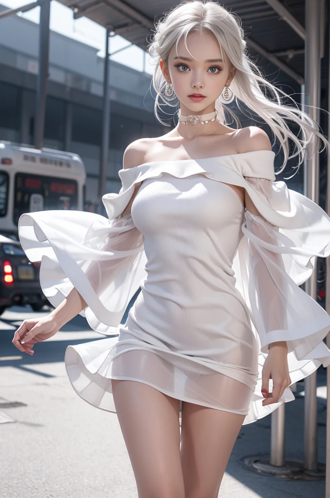double whirlwind pattern design garment，Iris heterochromatic pupil，silver-haired girl，free high resolution,off shoulders、Off-the-shoulder semi-transparent pure white dress、((A pure white translucent one-off shoulder flared mini dress))